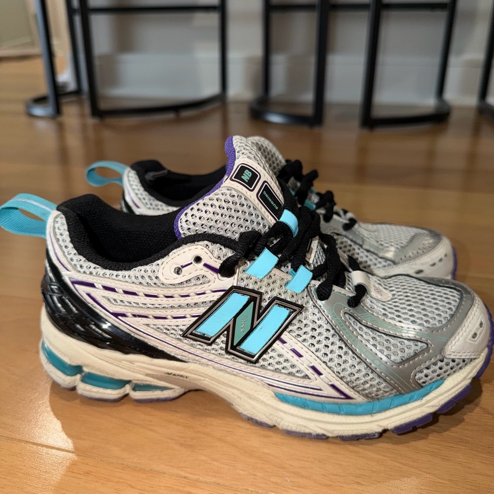 New Balance Kids' Silver Sneakers with Teal & Purple Accents